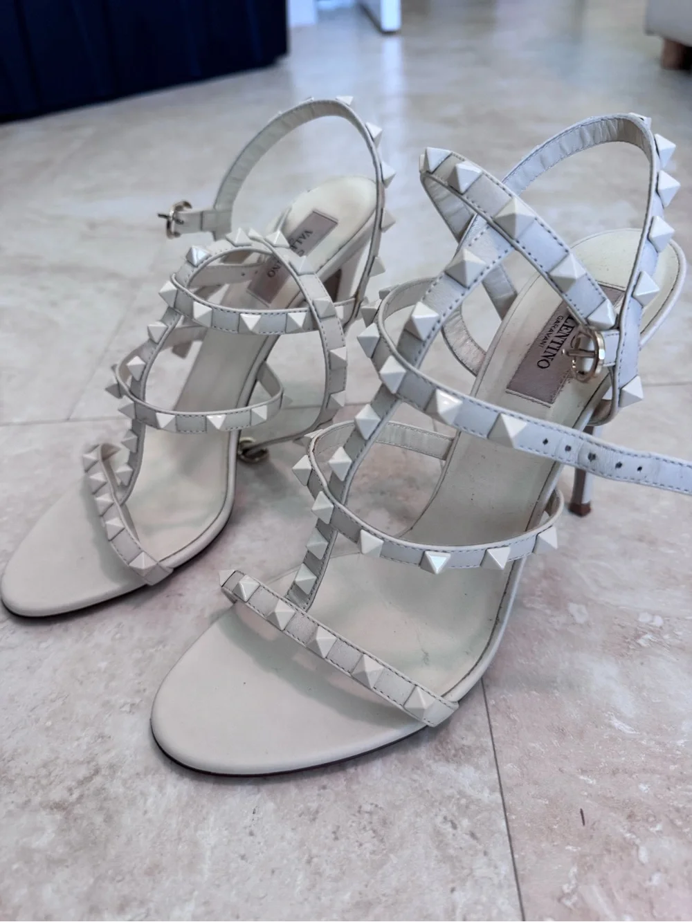 Valentino White Pyramid Rockstud Strappy Heels